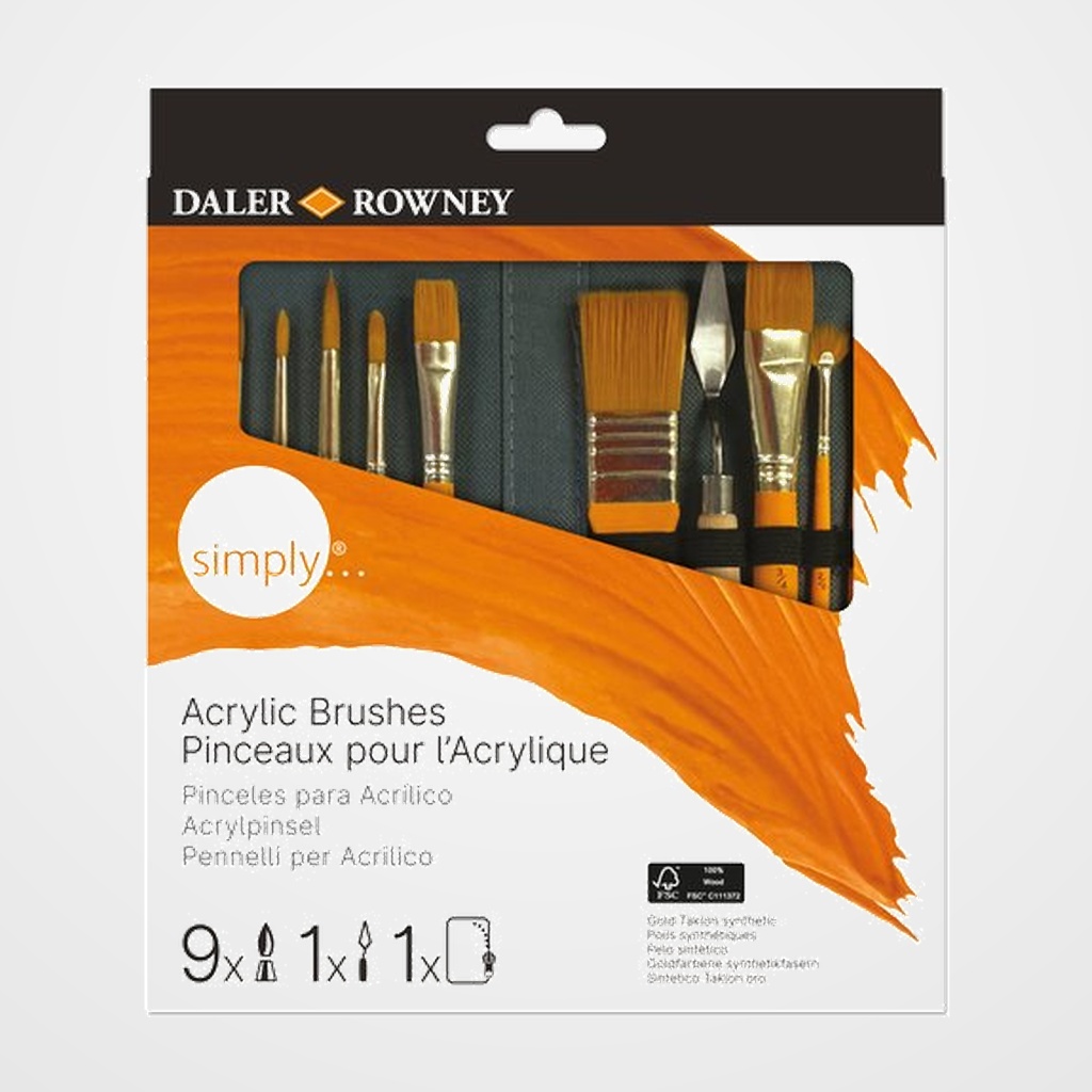 PINCEL DALER ROWNEY SIMPLY ACRILICO MANGO CORTO ESTUCHE CREMALLERA de 10