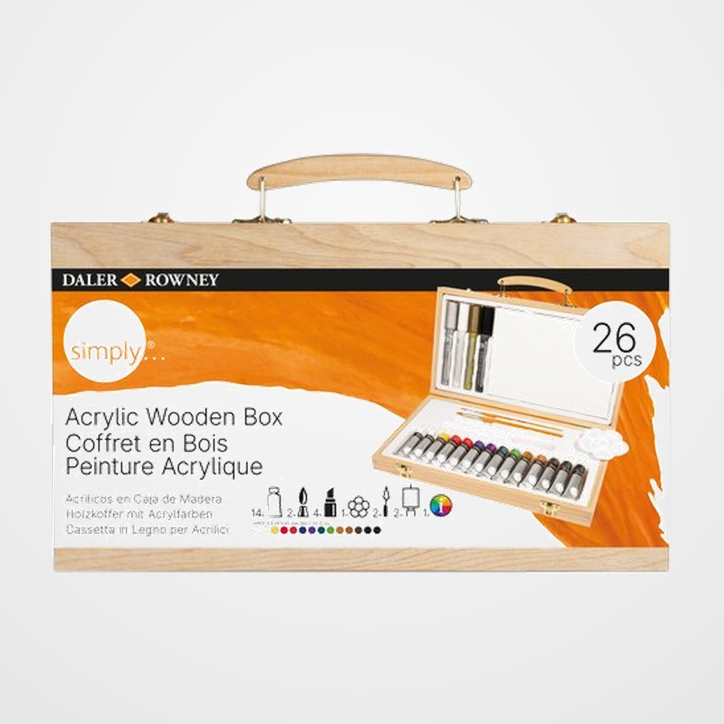 PINTURA ACRILICA DALER ROWNEY SIMPLY CAJA DE MADERA de 26 PIEZAS (Incluye 14x tubos , 2x pinceles, 4 x rotuladores, 2 espátulas, 2 tableros entelados en A5 paleta para mezclas y guía de color)
