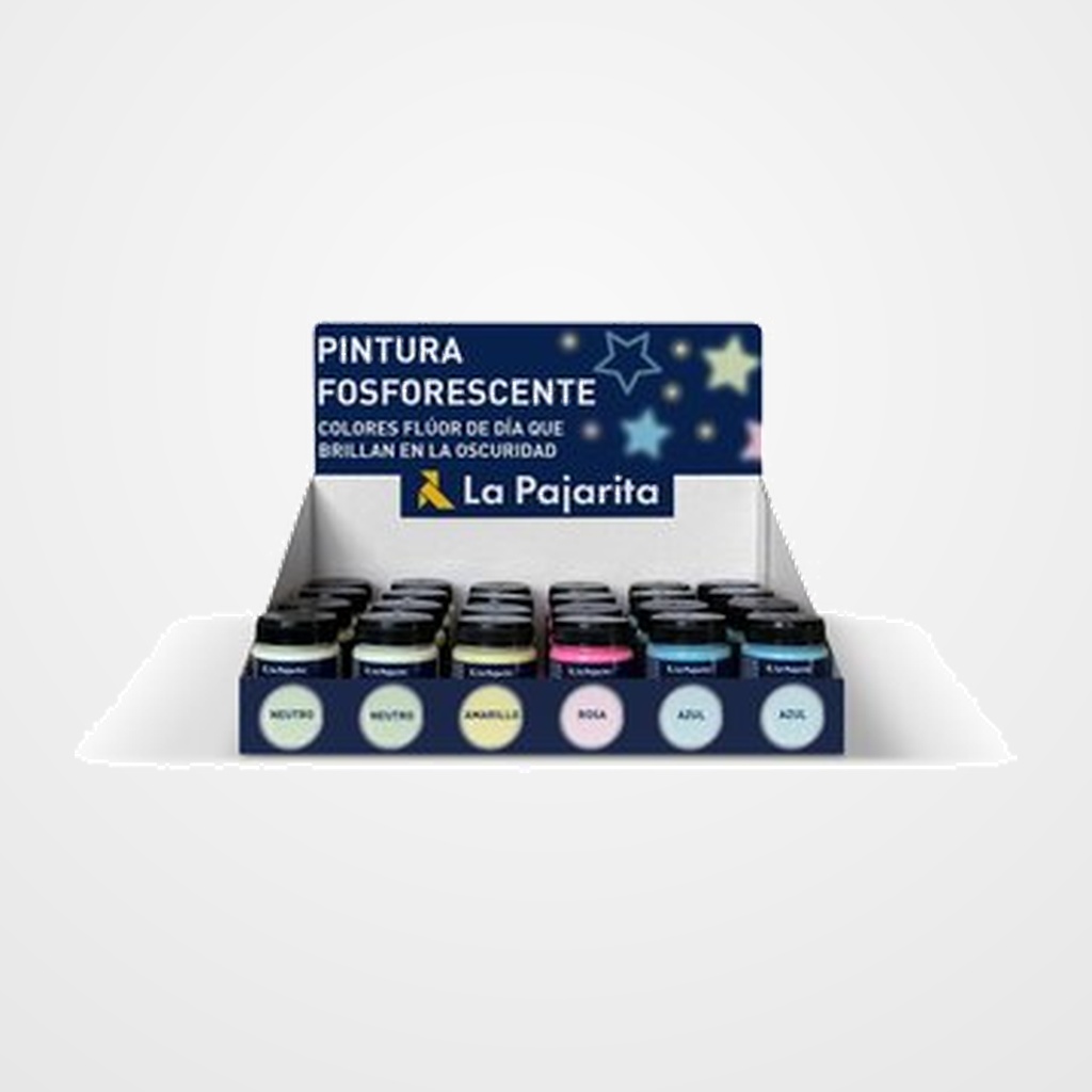 PINTURA LATEX LA PAJARITA FLUORESCENTE 75 ml (bote) EXPOSITOR de 24 8x 145416 neutro 4x 152316 magenta 4x 152616 amarillo 8x 152716 azul