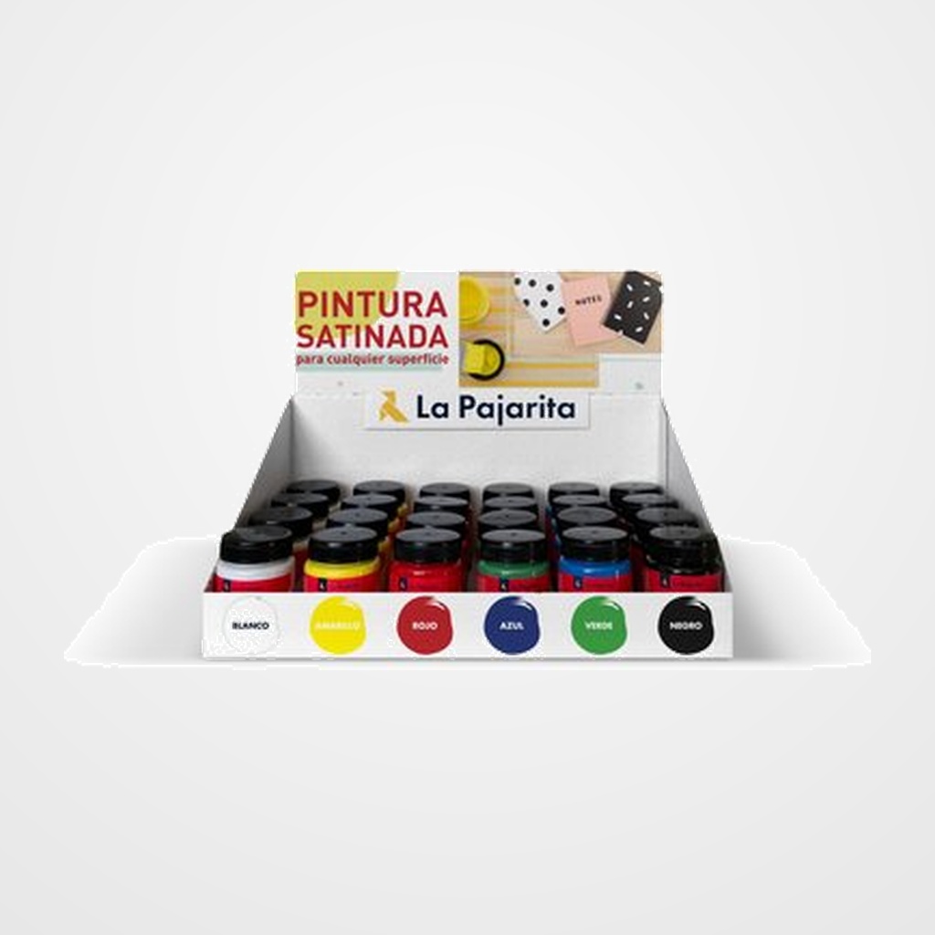 PINTURA LATEX LA PAJARITA 75 ml (bote) EXPOSITOR de 24 (4x blanco, bermellon, amarillo oro, verde vivo, negro, cyan)