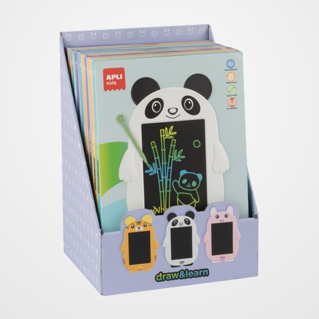 PIZARRA APLI KIDS LCD 8,5  EXPOSITOR de 9 (+3 años) (3 panda, 3 tigre, 3 conejo)