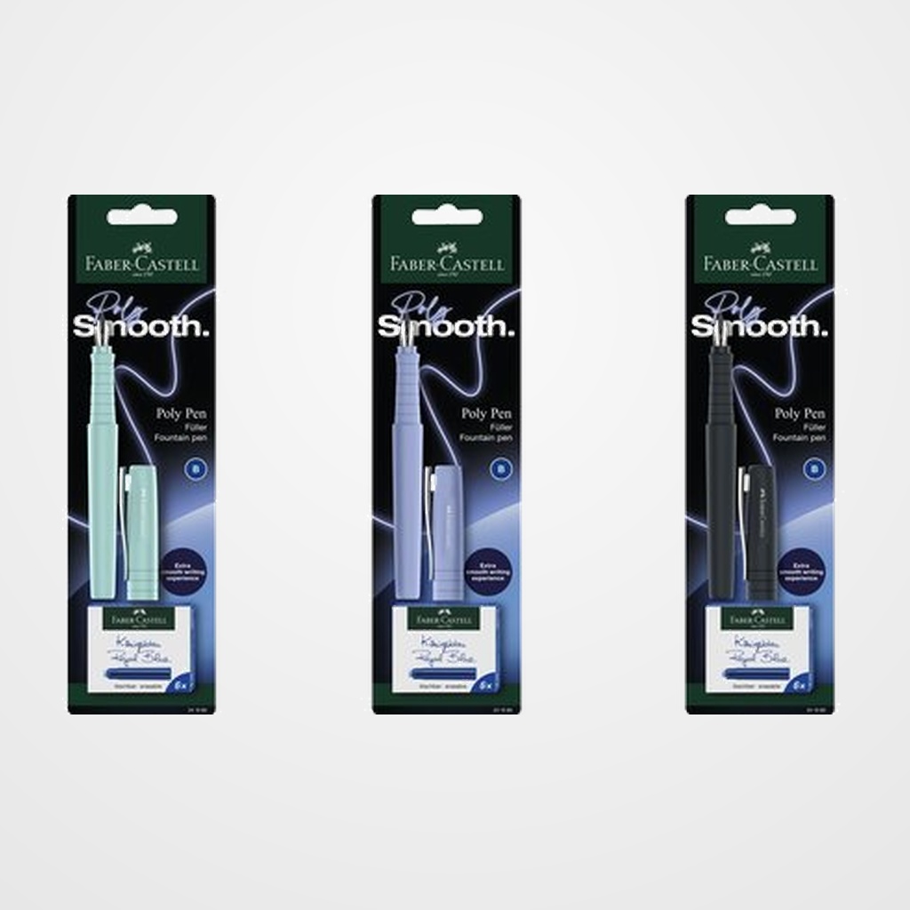PLUMA FABER-CASTELL POLY PEN TRAZO ANCHO (B) + 6 CARTUCHOS AZUL BLISTER COL. SURT.