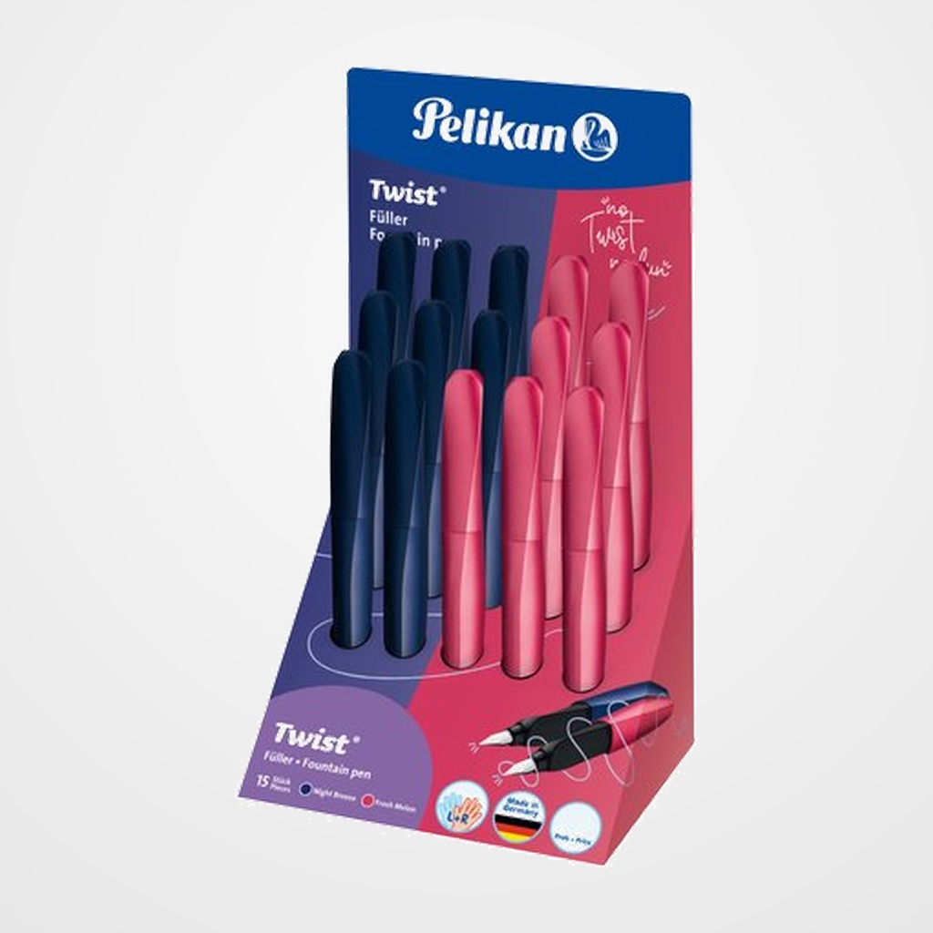 PLUMA PELIKAN TWIST SHINE TRIANGULAR VIOLET SURTIDO EXPOSITOR de 15 (12 plumas + 3 rollers)