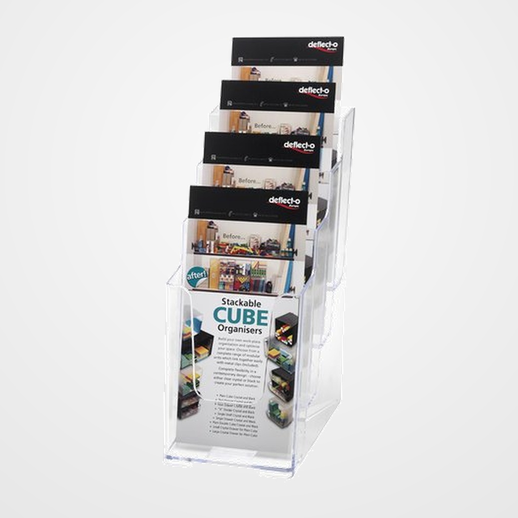 PORTAFOLLETOS SOBREMESA DEFLECT-O 1/3 A4 VERTICAL 4 COMPARTIMENTOS CRISTAL