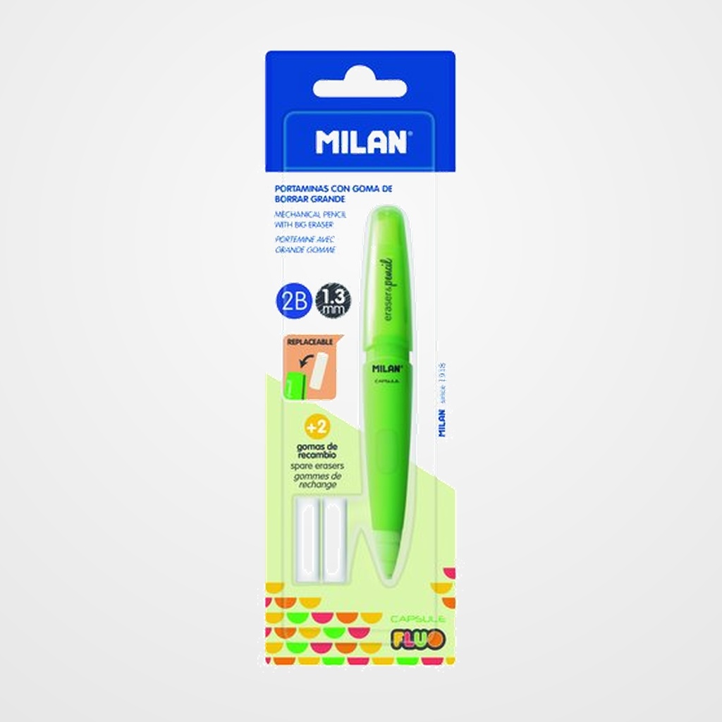 PORTAMINAS MILAN CAPSULE FLUO 2B 1,3 mm + 2 GOMAS DE RECAMBIO