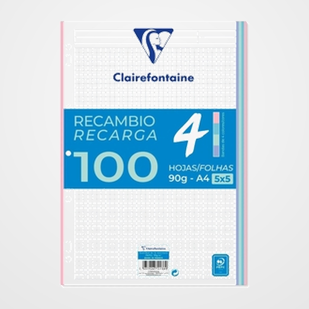 RECAMBIO CLAIREFONTAINE MIMESYS A4 100h 90gr CUADRIC.5x5 (4 colores pastel en bandas)
