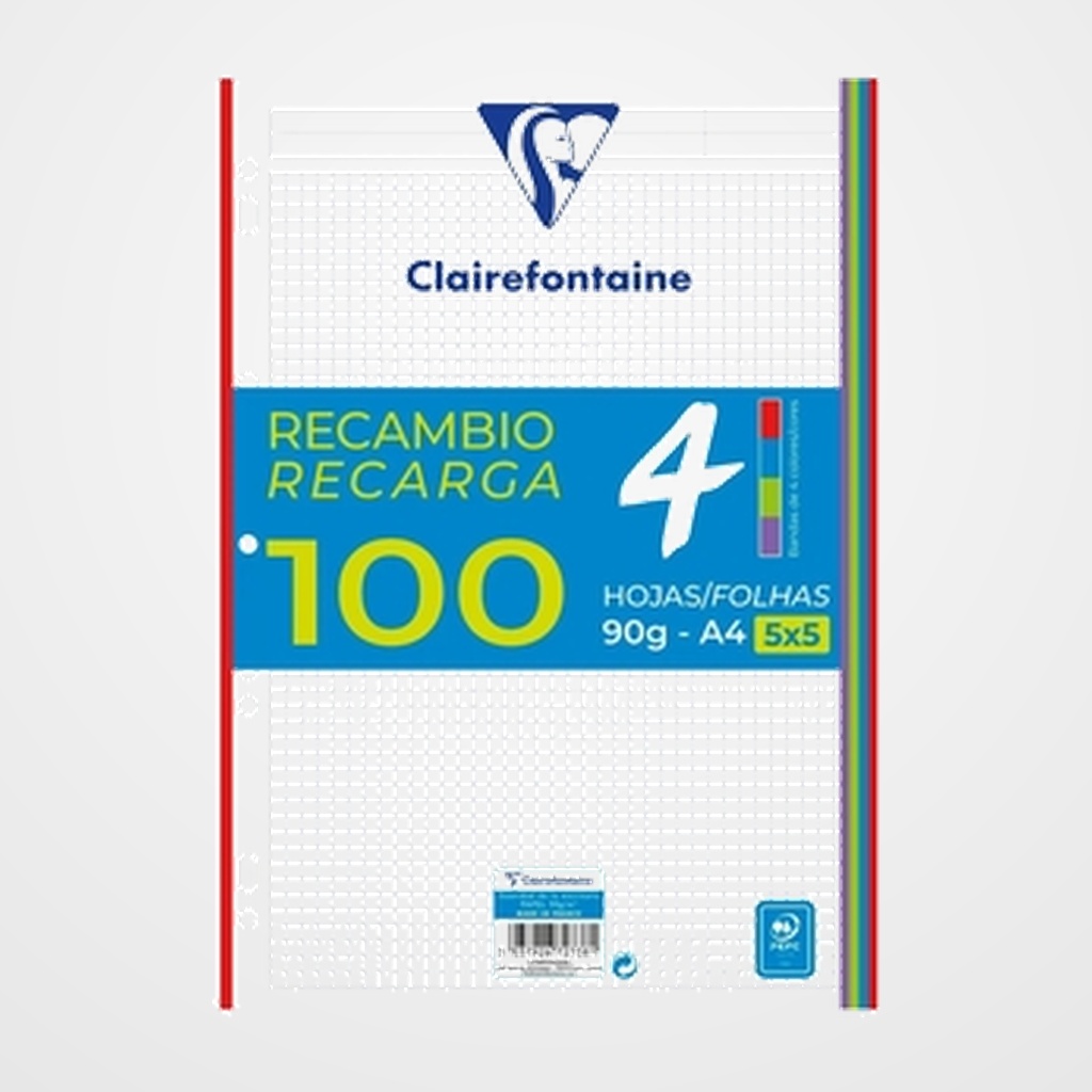 RECAMBIO CLAIREFONTAINE MIMESYS A4 100h 90gr CUADRIC.5x5 (4 colores vivos en bandas)