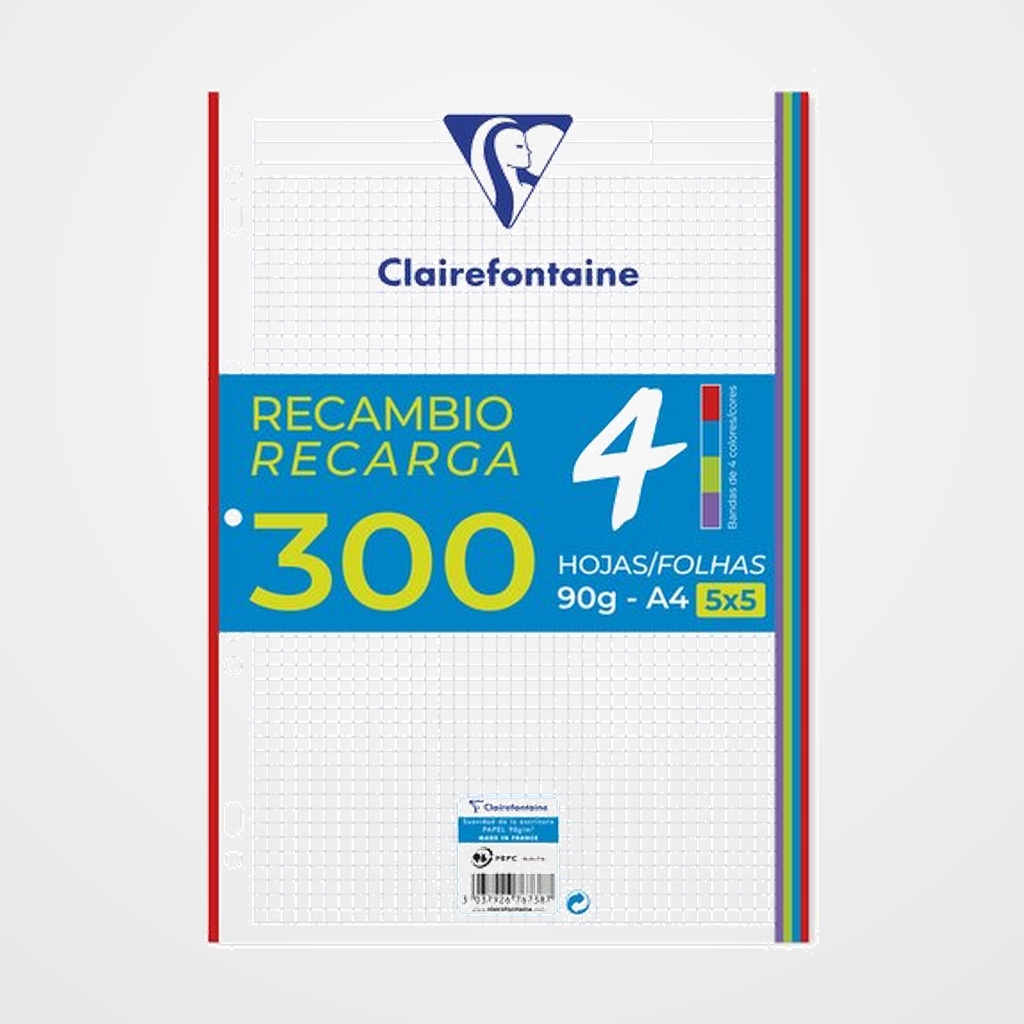 RECAMBIO CLAIREFONTAINE MIMESYS A4 300h 90gr CUADRIC.5x5 BANDAS DE COLORES VIVOS