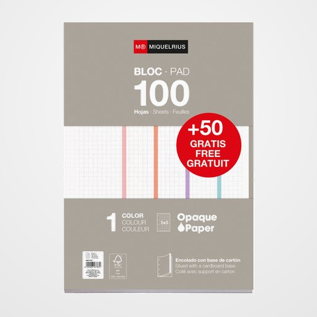 RECAMBIO MIQUELRIUS NOTEBOOK 1 A4 100+50h 90gr ENCOLADO 4 TALADROS CUADRIC.5x5 GRIS