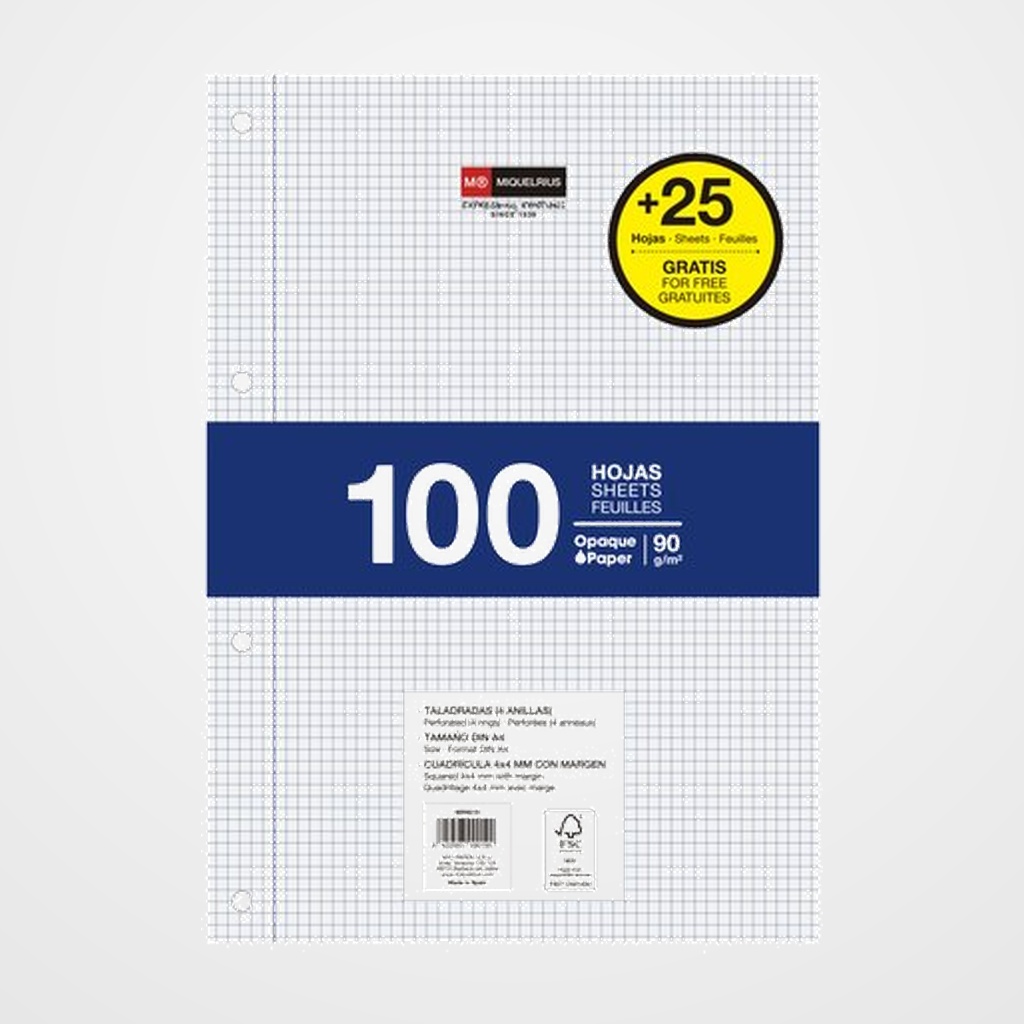RECAMBIO MIQUELRIUS NOTEBOOK 1 A4 125h (100+25) 90gr 4 TALADROS CUADRIC.4x4 C/MARGEN AZUL
