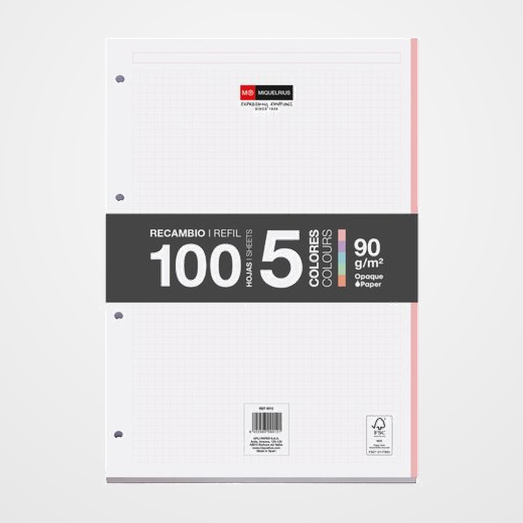 RECAMBIO MIQUELRIUS NOTEBOOK 5 A4 100h 90gr ENCOLADO 4 TALADROS CUADRIC.5x5 PASTEL