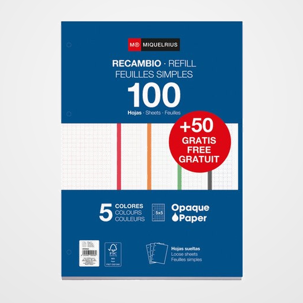 RECAMBIO MIQUELRIUS NOTEBOOK 5 A4 100+50h 90gr 4 TALADROS CUADRIC.5x5 INTENSOS