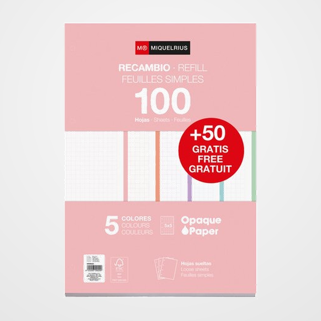 RECAMBIO MIQUELRIUS NOTEBOOK 5 A4 100+50h 90gr 4 TALADROS CUADRIC.5x5 PASTEL