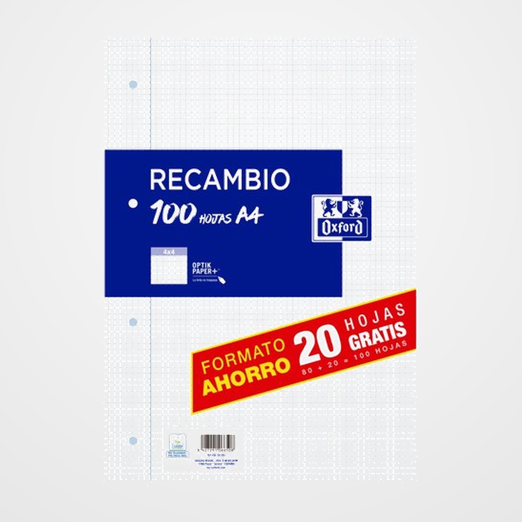 RECAMBIO OXFORD SCHOOL A4 100h (80+20)  4 TALADROS CUADRIC.4x4 C/MARGEN AZUL
