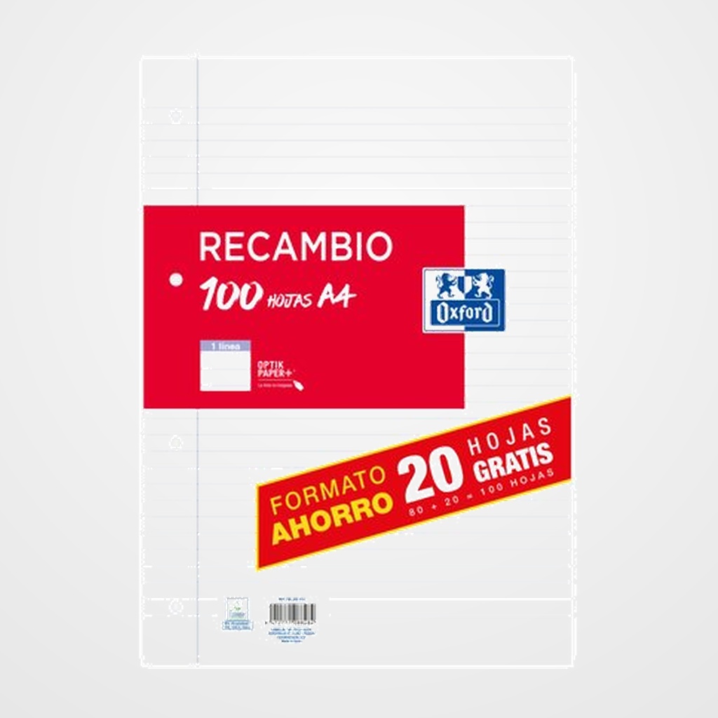 RECAMBIO OXFORD SCHOOL A4 100h (80+20)  4 TALADROS HORIZONTAL C/MARGEN