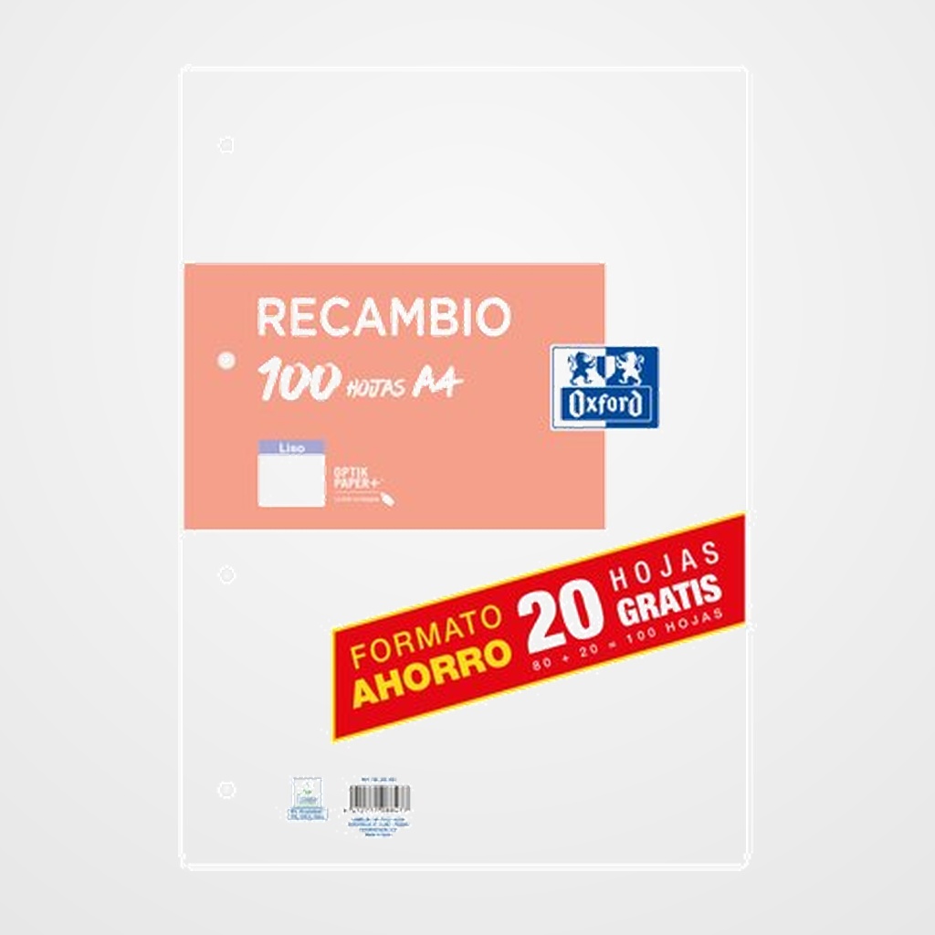 RECAMBIO OXFORD SCHOOL A4 100h (80+20)  4 TALADROS LISO NARANJA