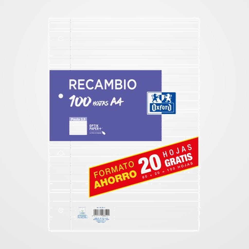 RECAMBIO OXFORD SCHOOL A4 100h (80+20)  4 TALADROS PAUTA 3,5 C/MARGEN LILA