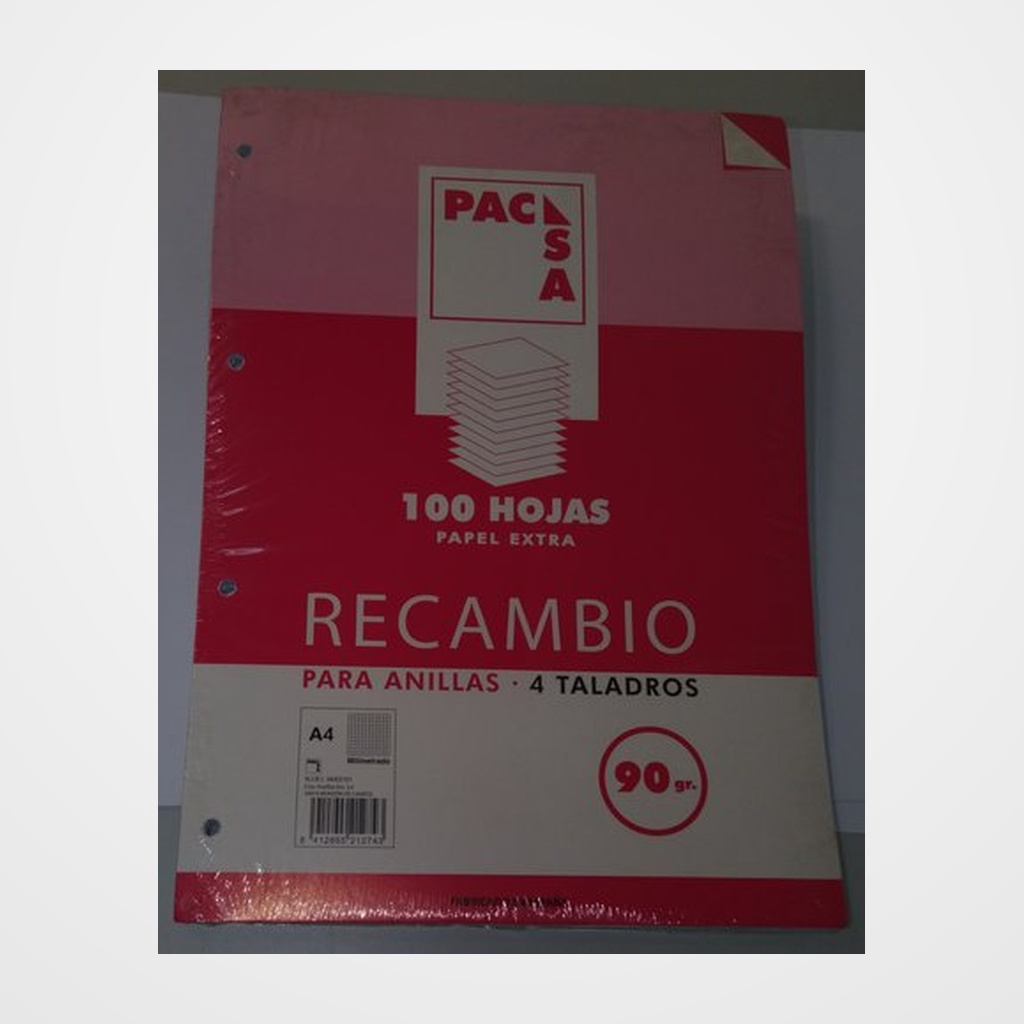 [25401210] RECAMBIO PACSA A4 100h 90g 4 TALADROS MILIMETRADO