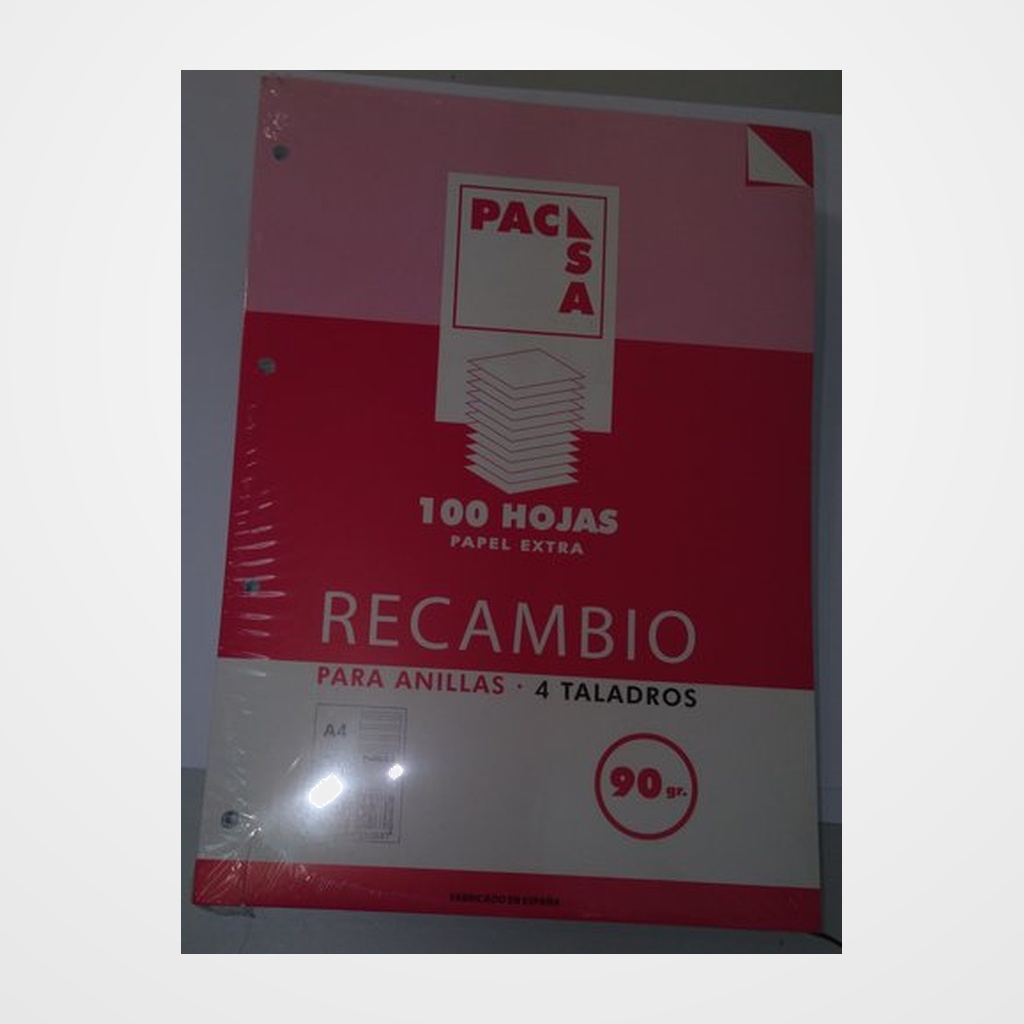 [25401205] RECAMBIO PACSA A4 100h 90g 4 TALADROS PAUTA 2,5