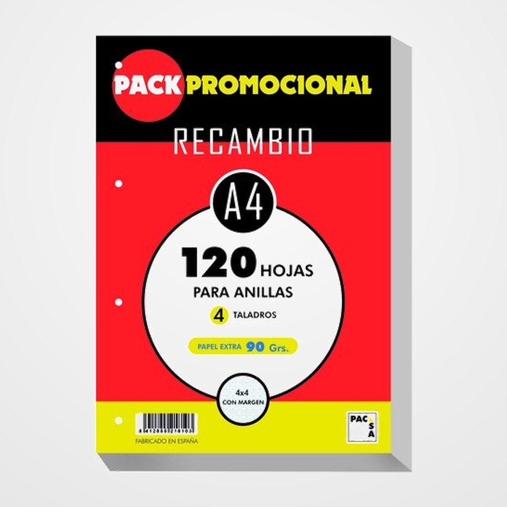 [25401675] RECAMBIO PACSA A4 120h 90g 4 TALADROS CUADRIC.4x4 C/MARGEN