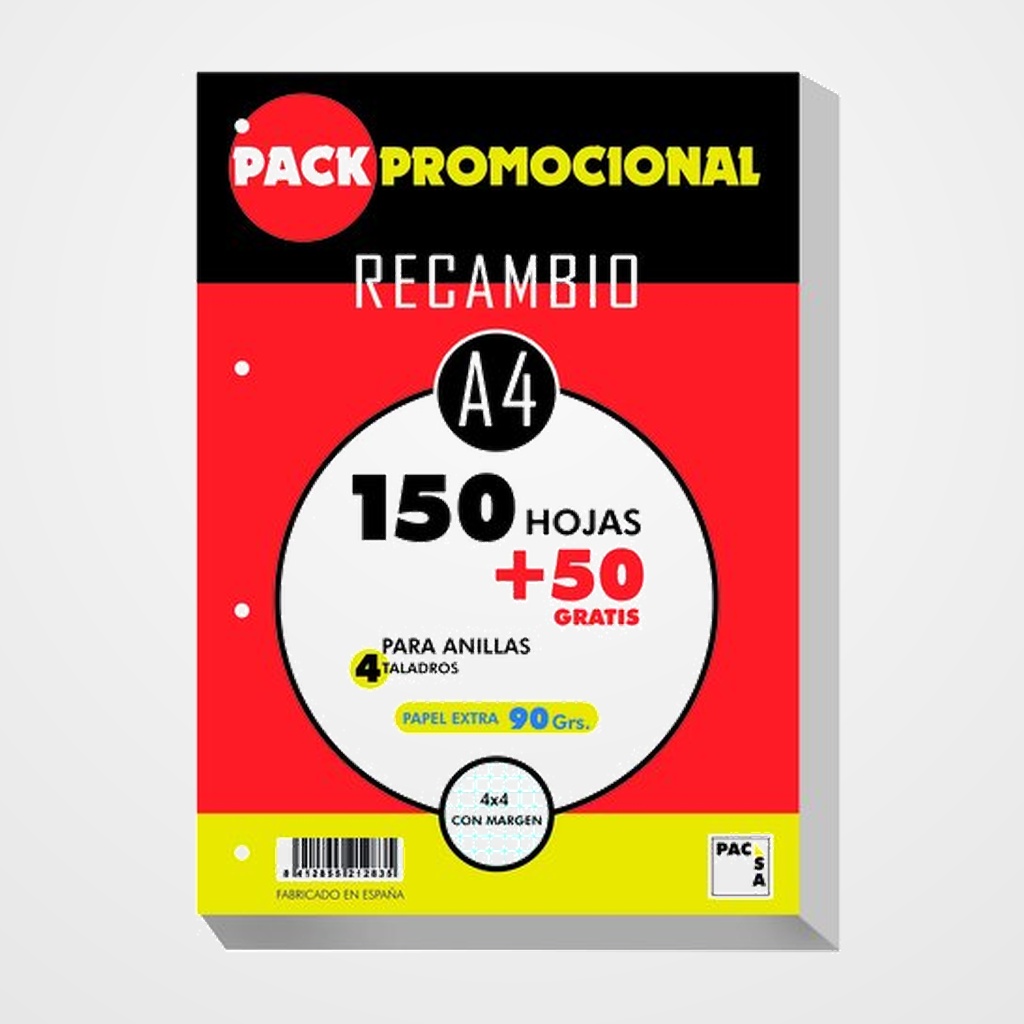RECAMBIO PACSA A4 200h (150+50) 90gr 4 TALADROS CUADRIC.4x4 C/MARGEN
