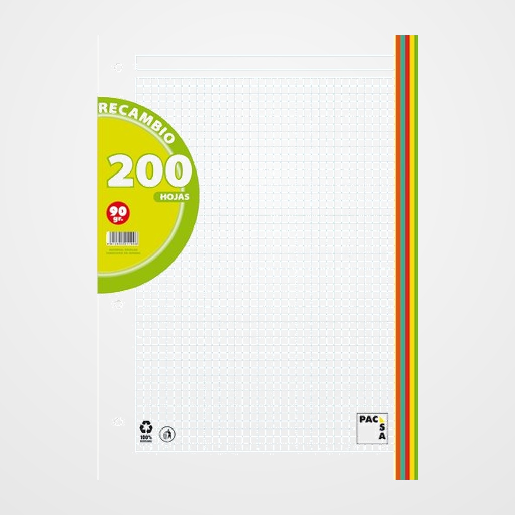 RECAMBIO PACSA A4 200h 90g 4 TALADROS CUADRIC.5x5 (5 colores en banda)