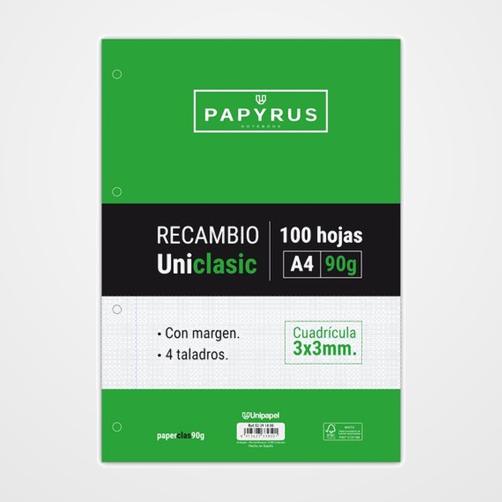 RECAMBIO PAPYRUS UNICLASIC A4 100h 90g 4 TALADROS CUAD.3x3 C/MARGEN