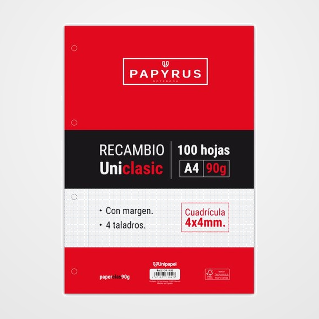 RECAMBIO PAPYRUS UNICLASIC A4 100h 90g 4 TALADROS CUAD.4x4 C/MARGEN