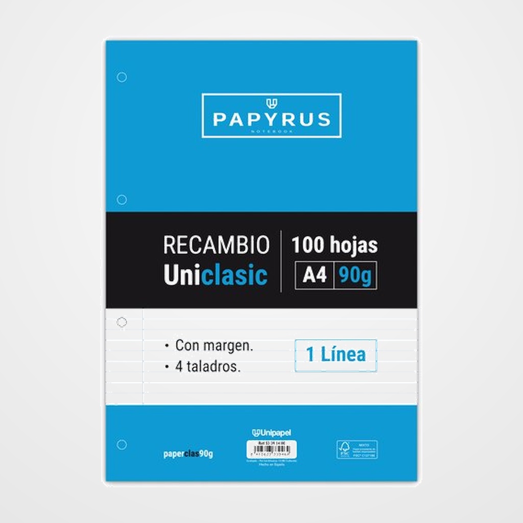 RECAMBIO PAPYRUS UNICLASIC A4 100h 90g 4 TALADROS HORIZONTAL C/MARGEN