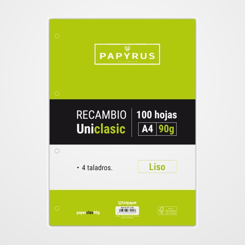 RECAMBIO PAPYRUS UNICLASIC A4 100h 90g 4 TALADROS LISO