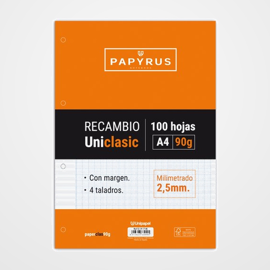 RECAMBIO PAPYRUS UNICLASIC A4 100h 90g 4 TALADROS MILIMETRADO C/MARGEN