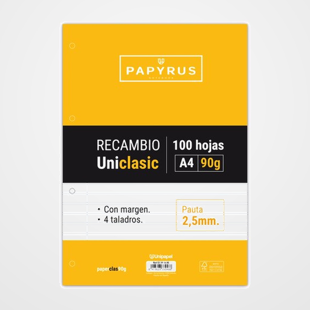 RECAMBIO PAPYRUS UNICLASIC A4 100h 90g 4 TALADROS PAUTA 2.5 C/MARGEN