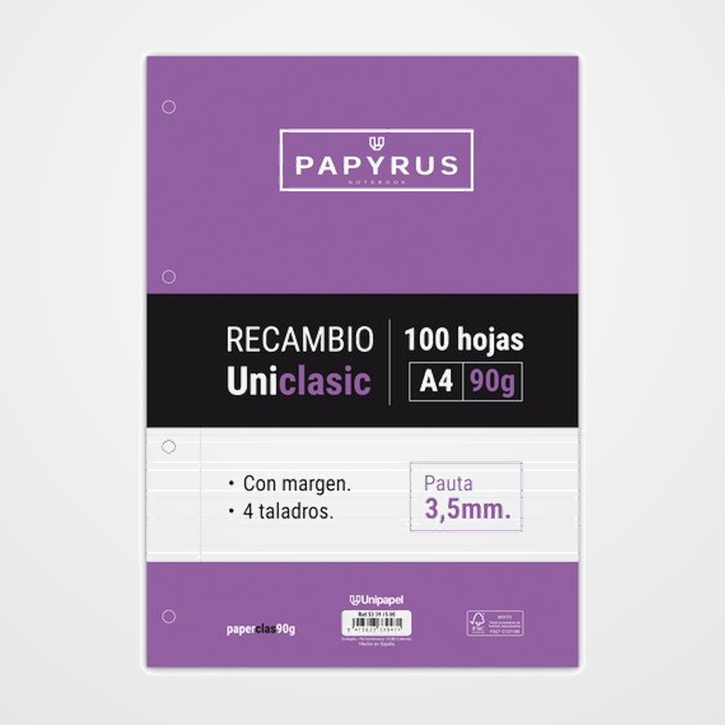 [25401542] RECAMBIO PAPYRUS UNICLASIC A4 100h 90g 4 TALADROS PAUTA 3.5 C/MARGEN