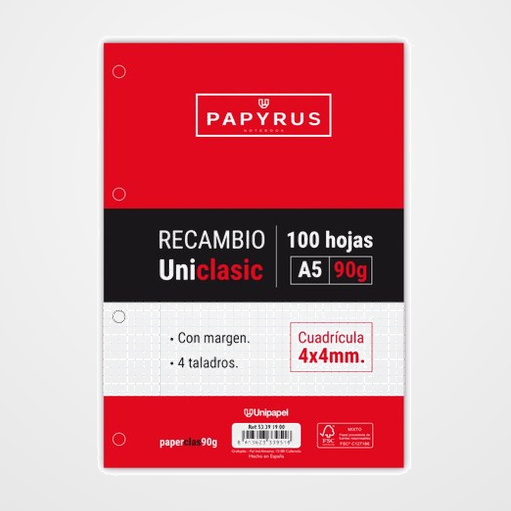 RECAMBIO PAPYRUS UNICLASIC A5 100h 90g 4 TALADROS CUAD.4x4 C/MARGEN
