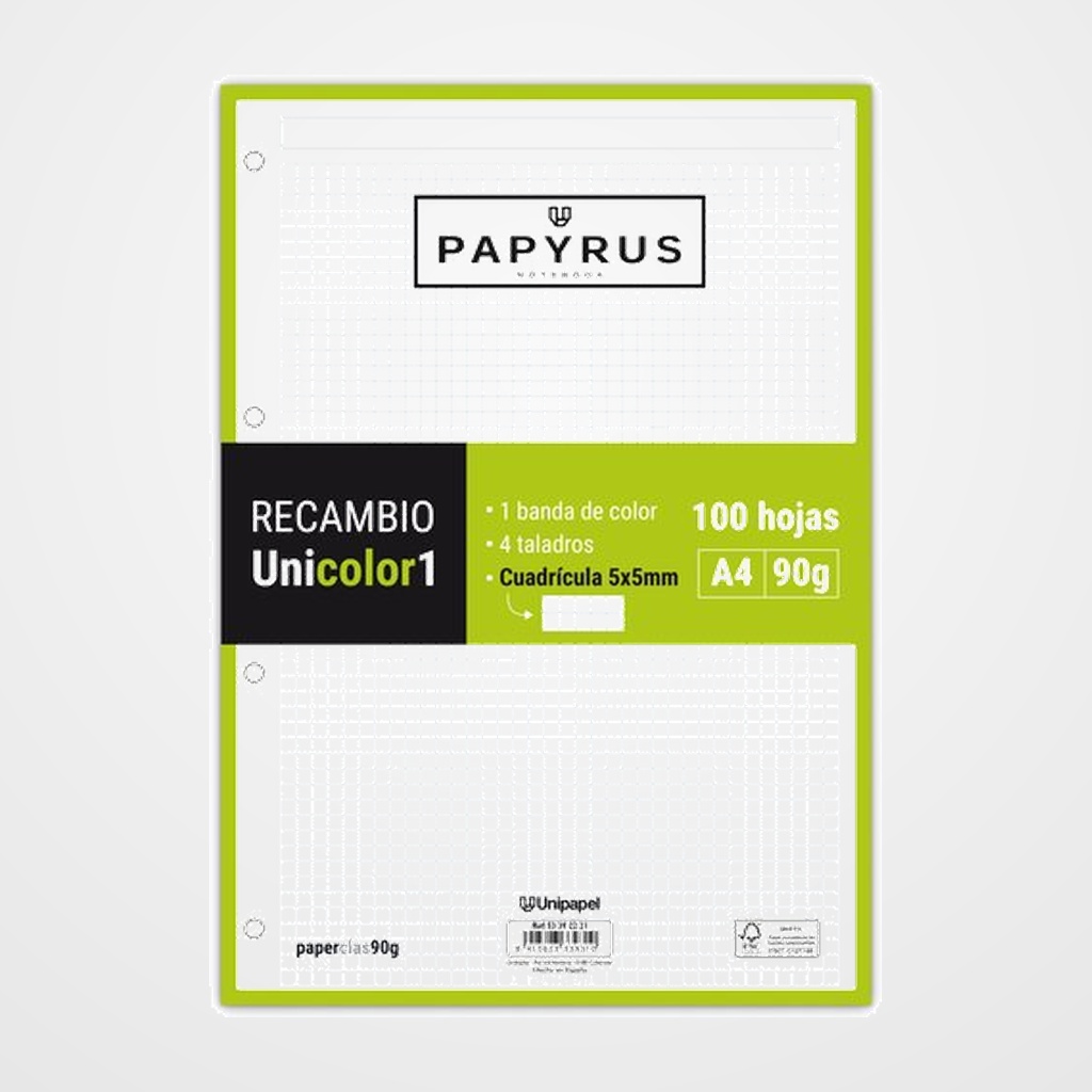 RECAMBIO PAPYRUS UNICOLOR1 A4 100h 90g 4 TALADROS CUAD.5x5 LIMA