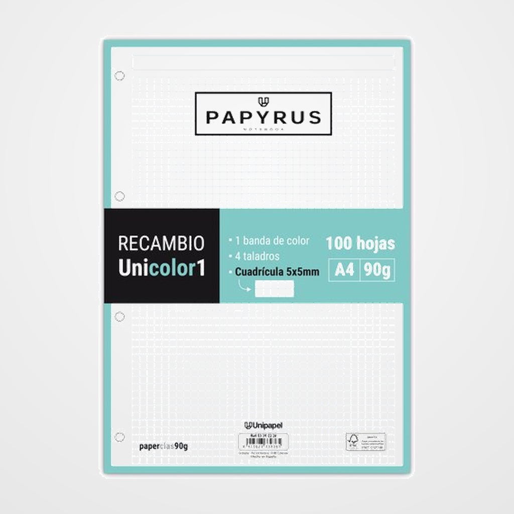 RECAMBIO PAPYRUS UNICOLOR1 A4 100h 90g 4 TALADROS CUAD.5x5 MINT