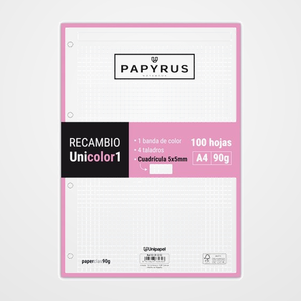 RECAMBIO PAPYRUS UNICOLOR1 A4 100h 90g 4 TALADROS CUAD.5x5 ROSA CLARO