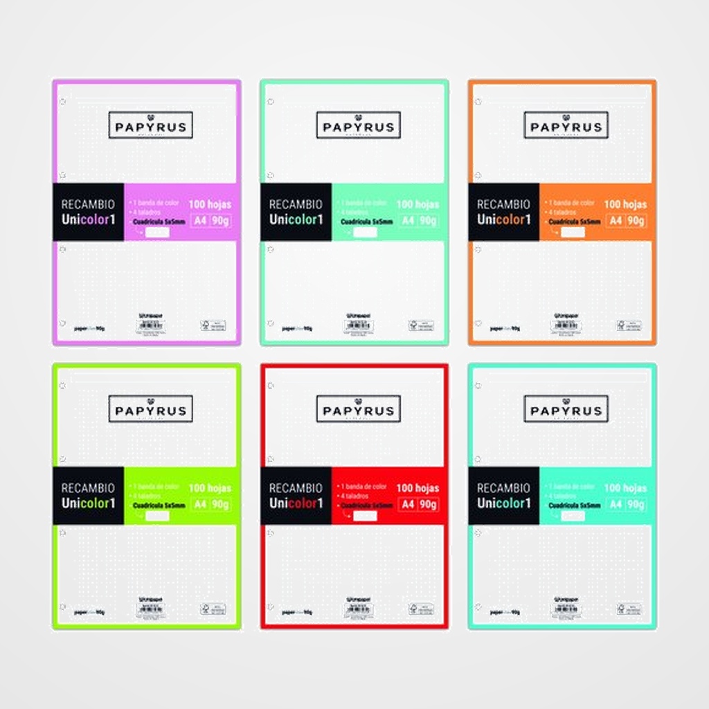 RECAMBIO PAPYRUS UNICOLOR1 A4 100h 90g 4 TALADROS CUAD.5x5 SURTIDO