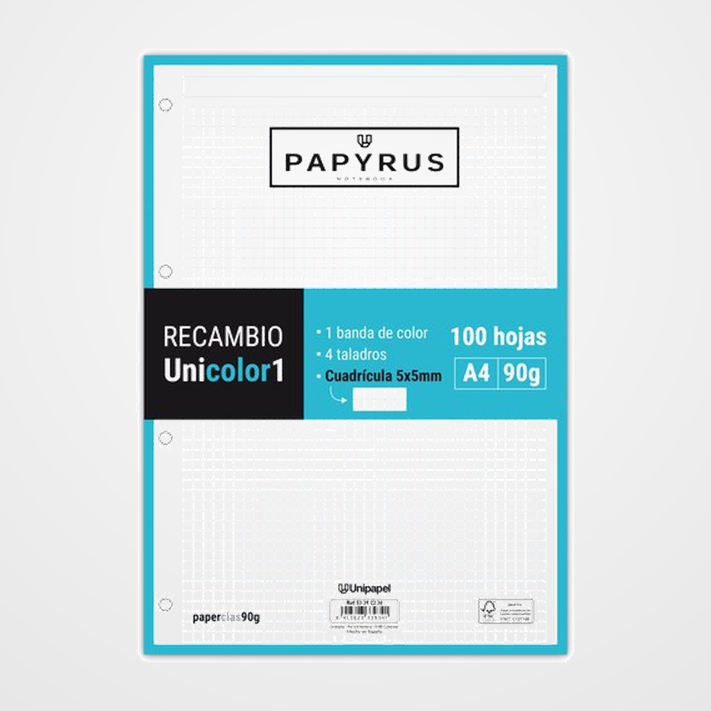 RECAMBIO PAPYRUS UNICOLOR1 A4 100h 90g 4 TALADROS CUAD.5x5 TURQUESA
