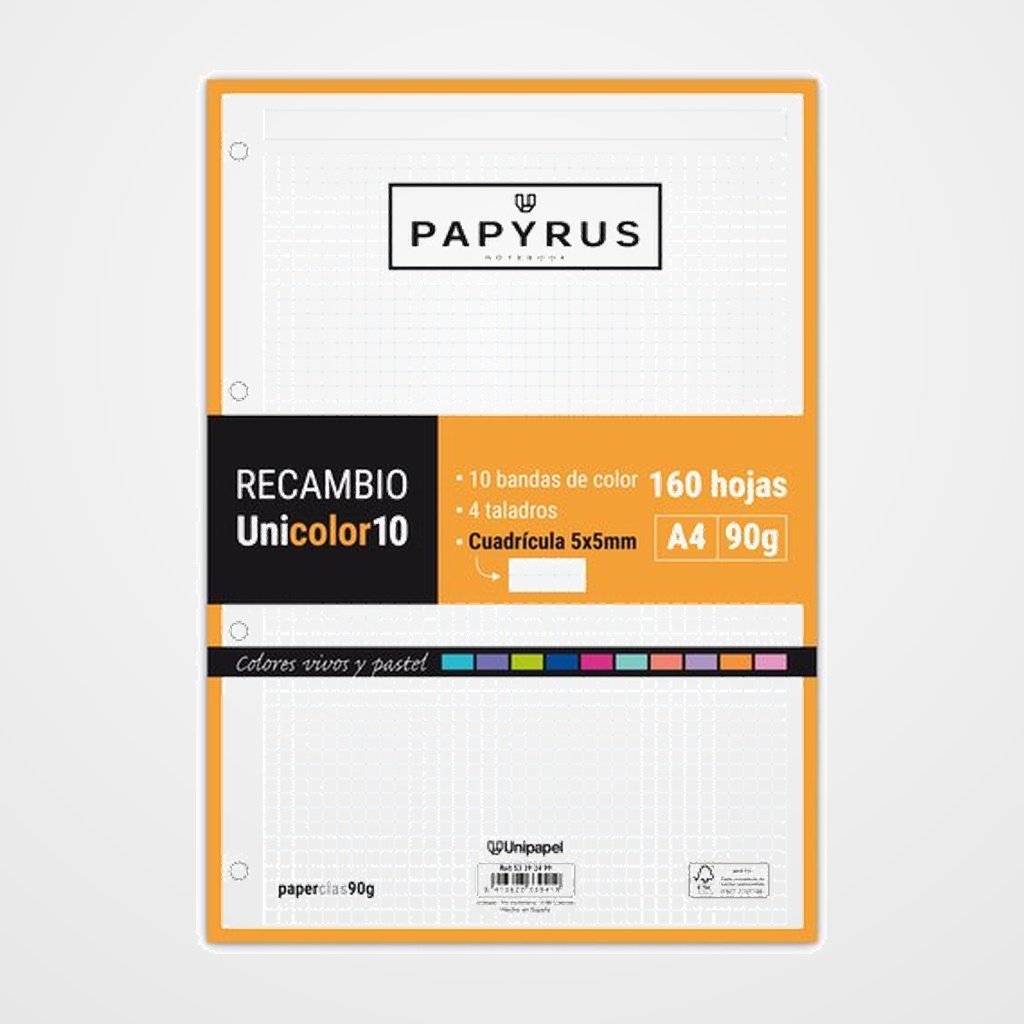RECAMBIO PAPYRUS UNICOLOR10 A4 160h 90g 4 TALADROS CUAD.5x5