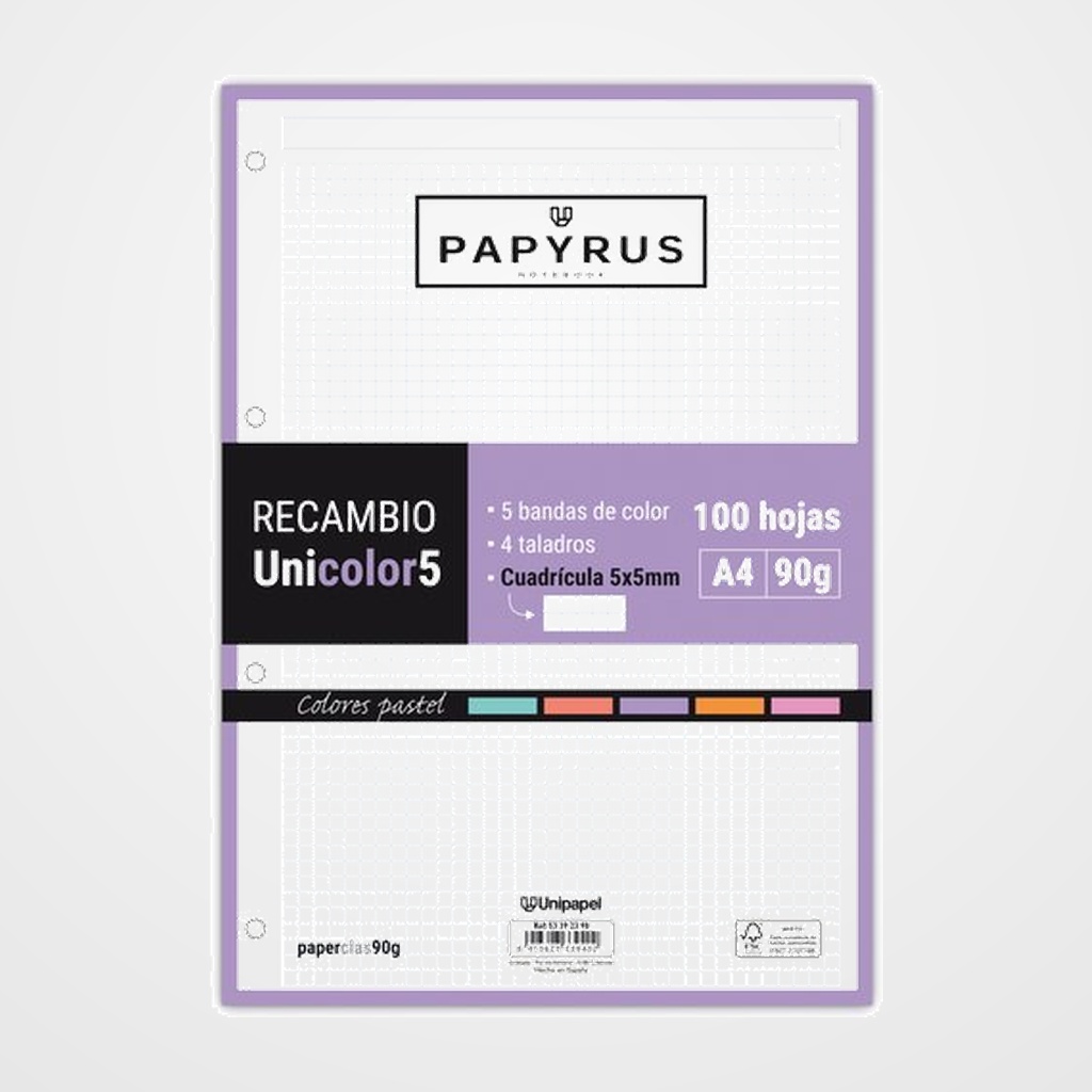 RECAMBIO PAPYRUS UNICOLOR5 A4 100h 90g 4 TALADROS CUAD.5x5 COLORES PASTEL
