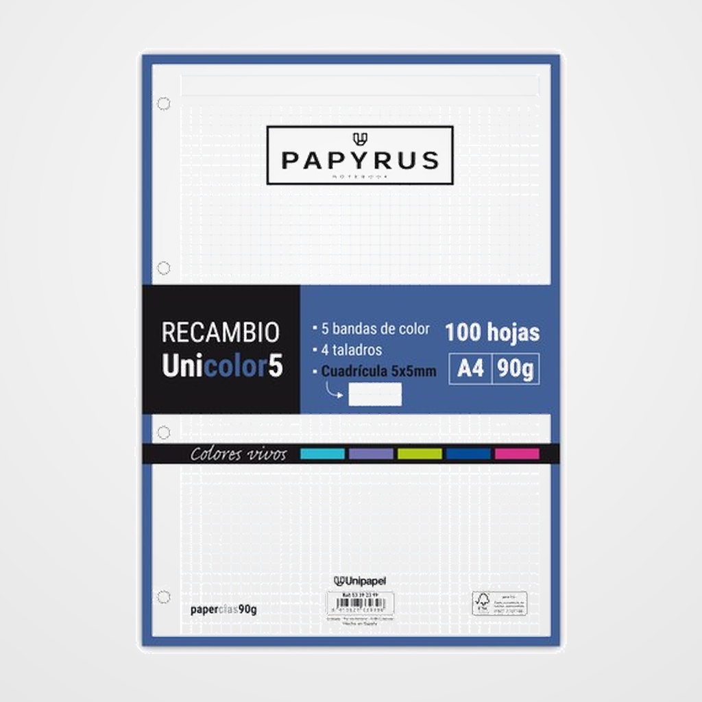 RECAMBIO PAPYRUS UNICOLOR5 A4 100h 90g 4 TALADROS CUAD.5x5 COLORES VIVOS