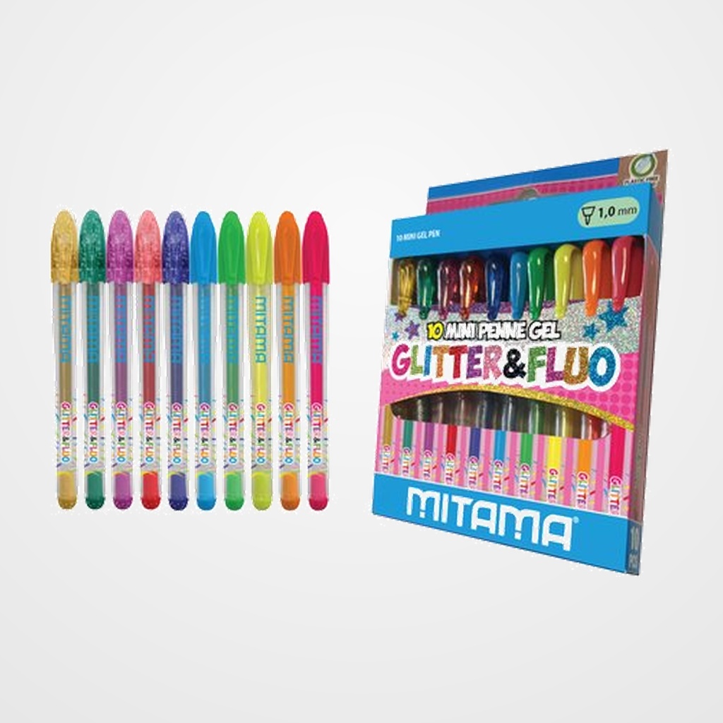 [11201326] ROLLER GEL MITAMA MINI GLITTER Y NEON 1mm ESTUCHE de 10
