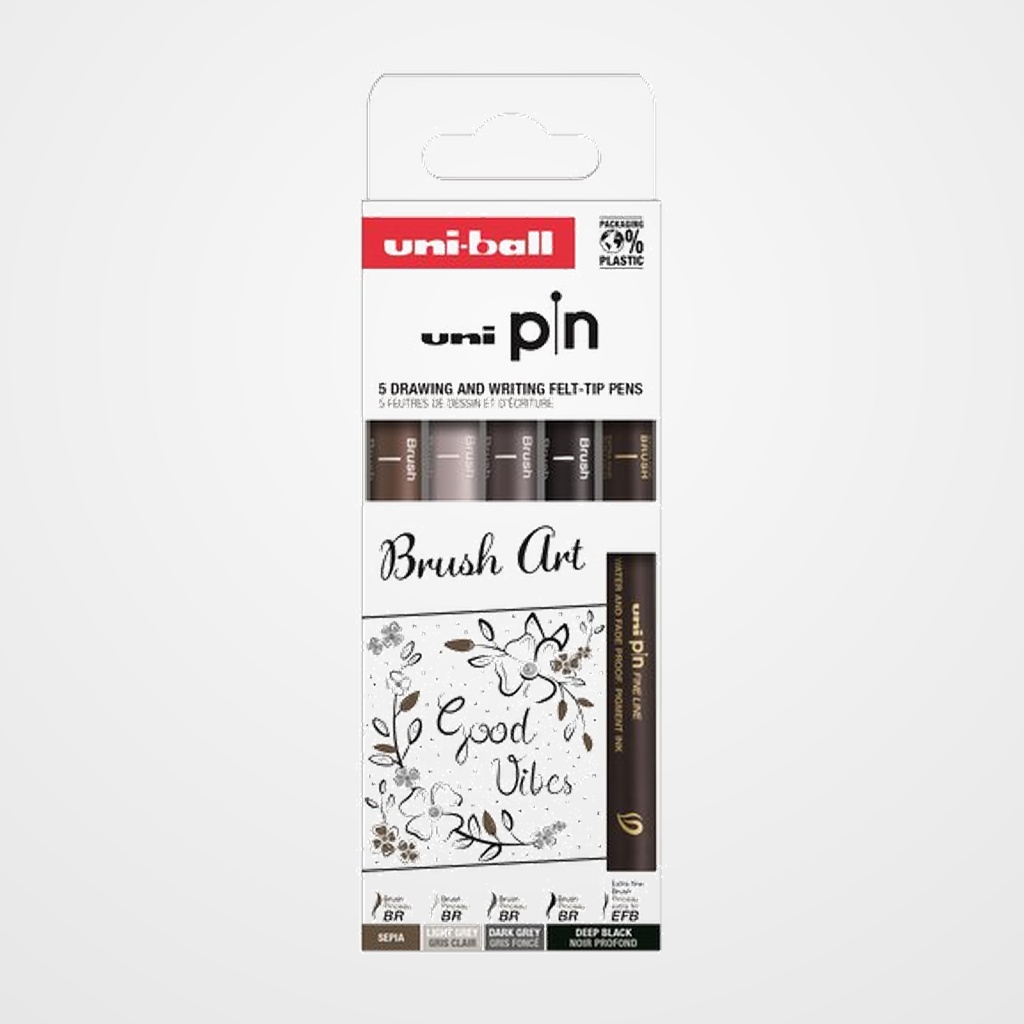 ROTULADOR CALIBRADO UNI-BALL PIN SET 5P BRUSH ART SURTIDO CAJA DE 5 (Brush negro, Brush gris claro, Brush gris oscuro, Brush sepia y Brush extra fino)