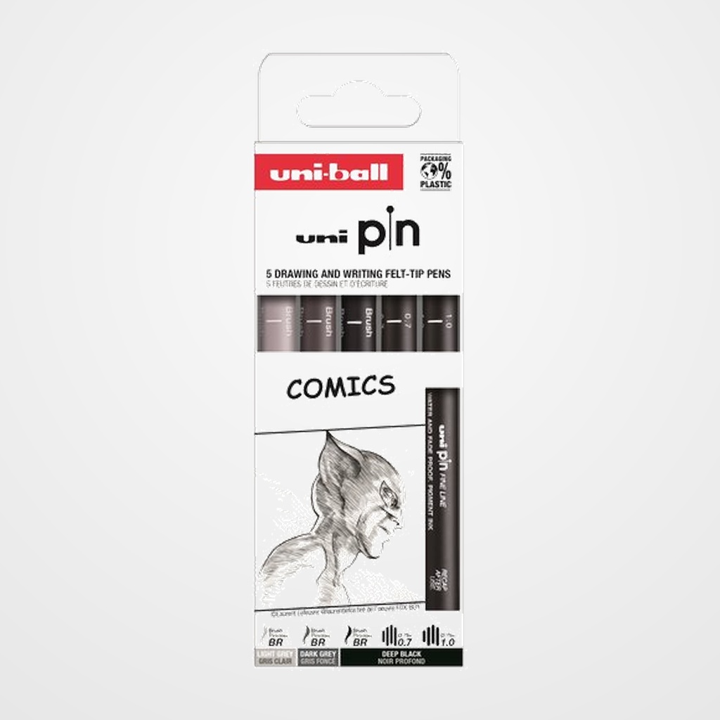 ROTULADOR CALIBRADO UNI-BALL PIN SET 5P COMICS SURTIDO CAJA DE 5 (0.7, 1.0, 0.7, Brush gris claro, Brush gris oscuro y Brush negro)