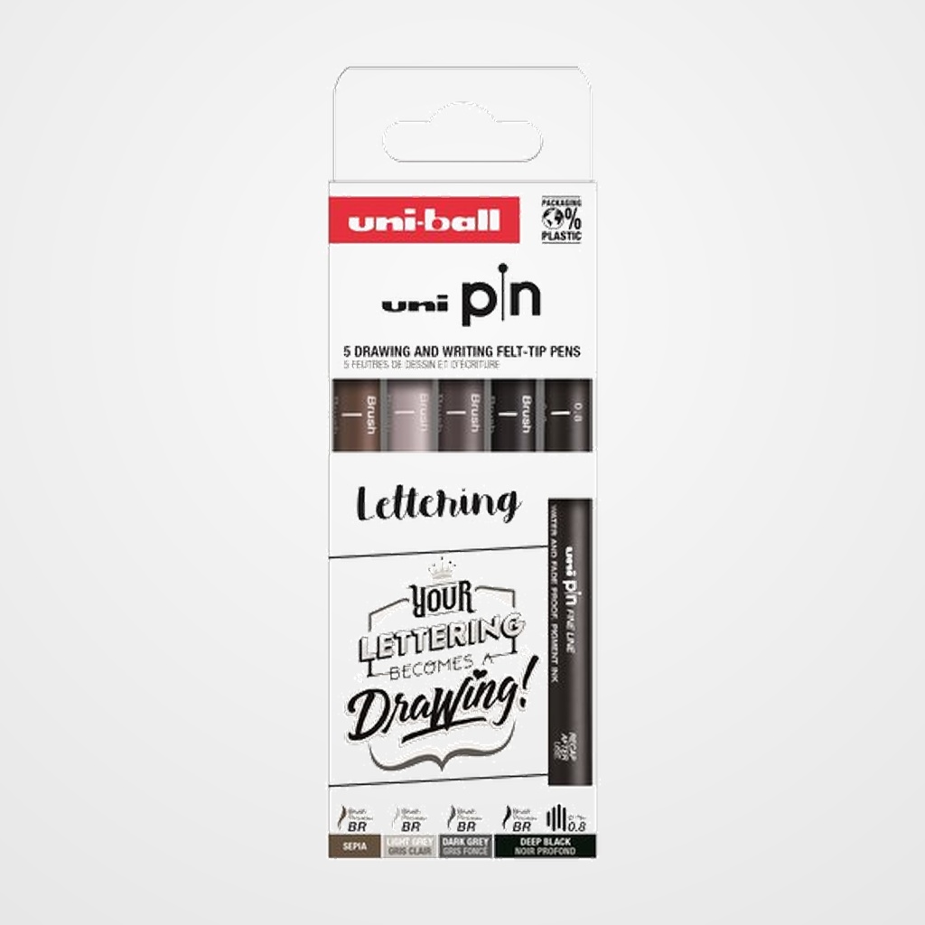ROTULADOR CALIBRADO UNI-BALL PIN SET 5P LETTERING SURTIDO CAJA DE 5 (Brush negro, Brush gris claro, Brush gris oscuro, Brush sepia y clibrado 0.8)