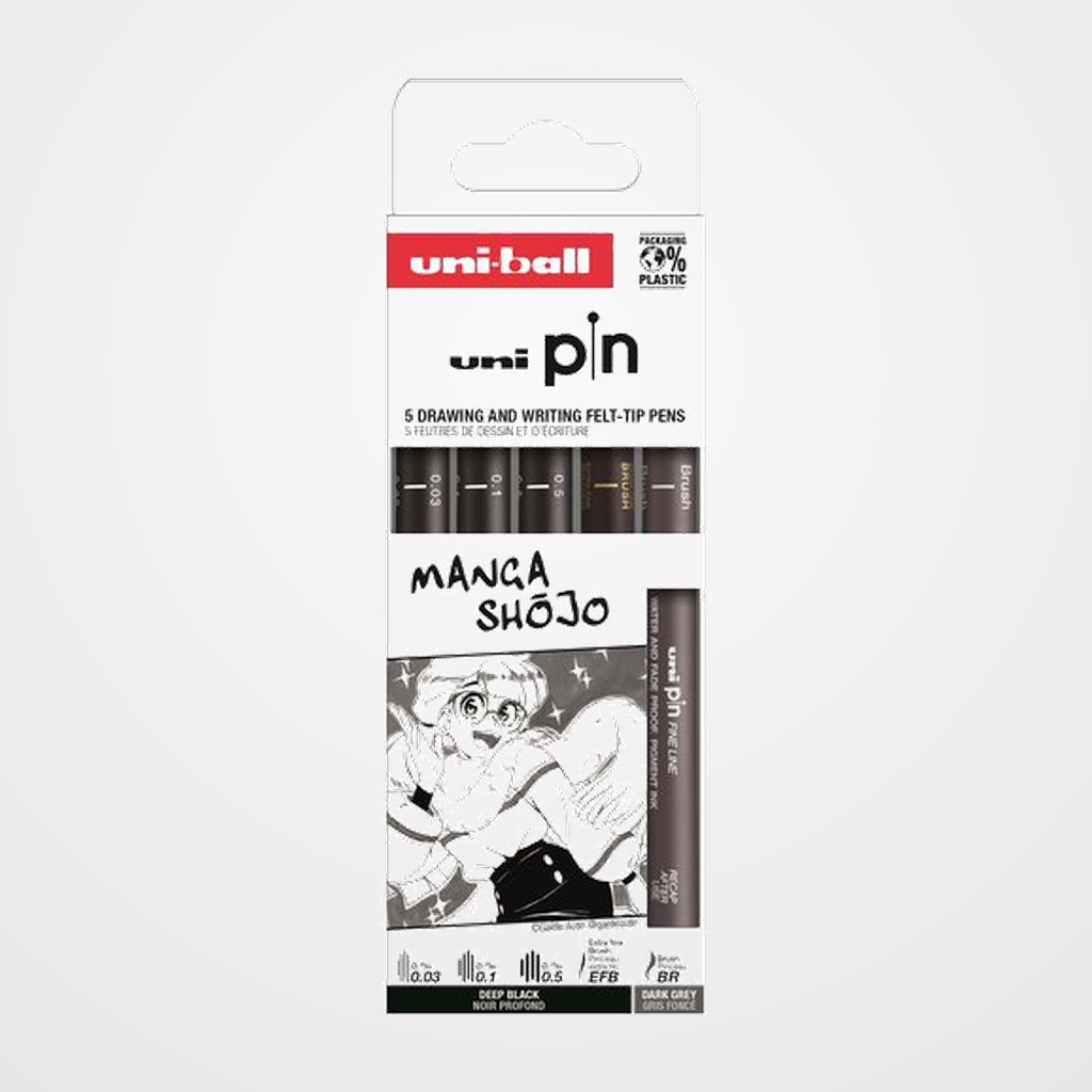 ROTULADOR CALIBRADO UNI-BALL PIN SET 5P MANGA SHOJO SURTIDO CAJA DE 5 (0.03, 0.1, 0.5, Brush gris oscuro y Brush extra fino negro)