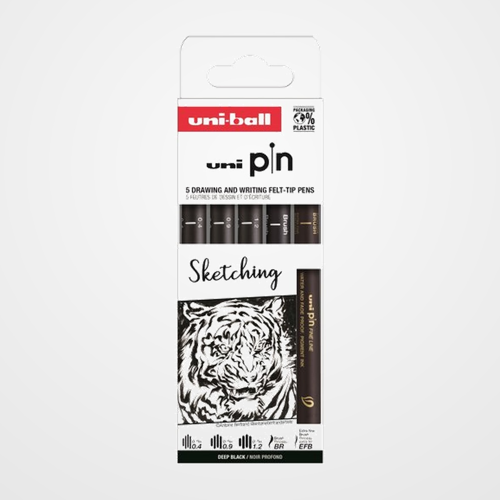 ROTULADOR CALIBRADO UNI-BALL PIN SET 5P SKETCHING SURTIDO CAJA DE 5 (0.4, 0.9, 1.2, Brush negro y Brush extra fino negro)