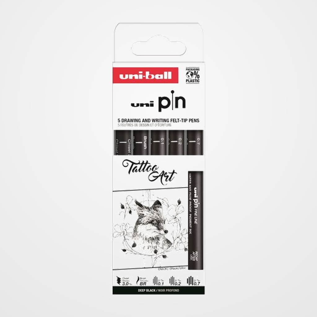 ROTULADOR CALIBRADO UNI-BALL PIN SET 5P TATTOO ART SURTIDO CAJA DE 5 (0.1, 0.2, 0.7, Brush negro y Chisel 3 negro)
