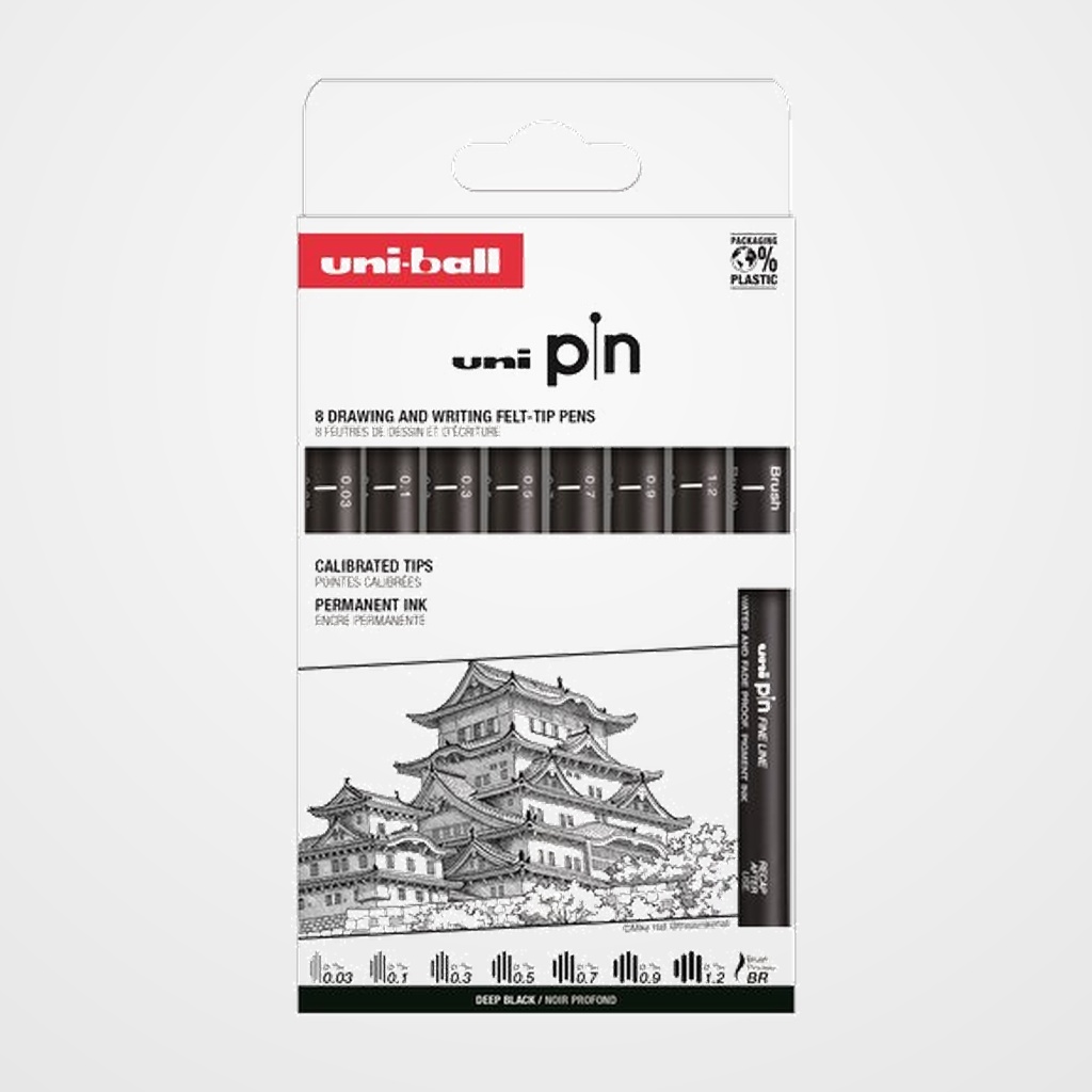 ROTULADOR CALIBRADO UNI-BALL PIN SET 8P CLASICO I SURTIDO CAJA DE 8 (0.03, 0.1, 0.3, 0.5, 0.7, 0.9, 1.2 y Brush)